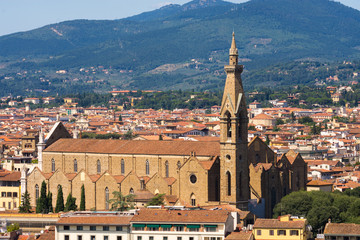 Fototapeta na wymiar Top aerial panoramic view of Florence city with the Cappella Pazzi, the Basilica di Santa Croce