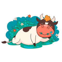 Cartoon bull resting lying on the grass. Vector graphics.