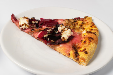 egetarian beetroot pizza with cheese, sliced pickled beet, nuts