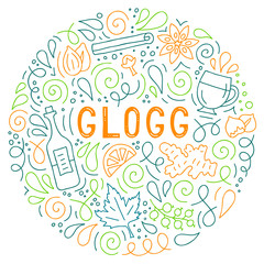 Round frame of ingredients for glogg and lettering. Vector illustration in doodle style. Hand-drawn composition with linear elements on the theme of a traditional festive drink. Template for the menu.