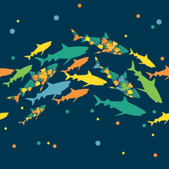 Seamless background with sharks. Predator in the sea. Vector illustration for web design or print.