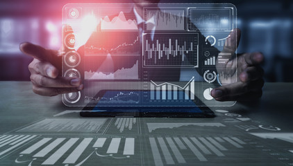 Big Data Technology for Business Finance Analytic Concept. Modern graphic interface shows massive...