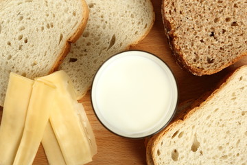 Milk glass, bread and cheese