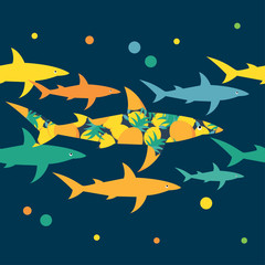 Obraz premium Seamless background with sharks. Predator in the sea. Vector illustration for web design or print.