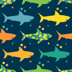 Seamless background with sharks. Predator in the sea. Vector illustration for web design or print.