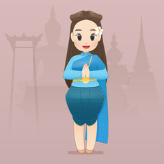 illustration thai women in Thai traditional wear say hello Sawasdee. Hello, Sawadee with Bangkok background. Flat character illustration design.