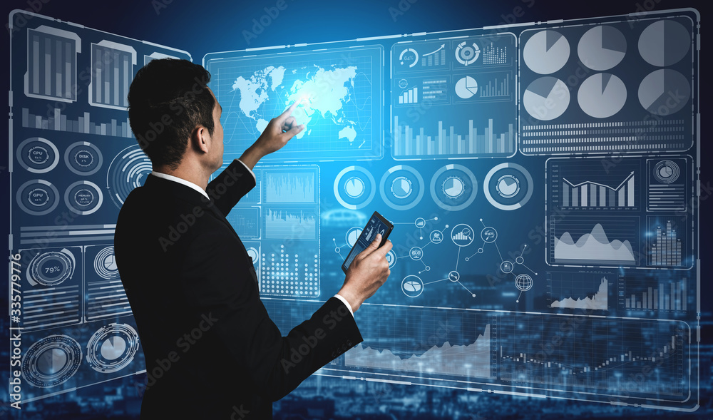 Poster big data technology for business finance analytic concept. modern graphic interface shows massive in
