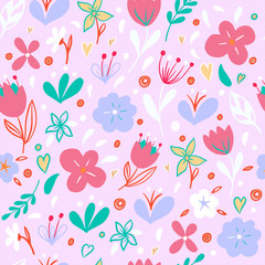 Seamless vector pattern - flowers on a pink background. For the design of wallpaper, textiles, wrapping paper, prints for childrens clothing