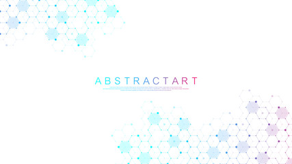 Abstract medical background DNA research, molecule, genetics, genome, DNA chain. Genetic analysis art concept with hexagons, waves, lines, dots. Biotechnology network concept molecule, vector