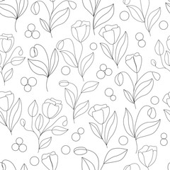Seamless pattern on a white background - delicate flowers in a linear style, for the design of wallpapers, phone covers, notebooks, wrapping paper
