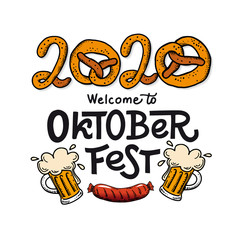 Welcome to 2020 Oktoberfest Emblem. Vector flat illustration for German beer festival in Munich. Lettering with picture of Bavarian pretzel font with grill sausage. Template For poster, card, sign