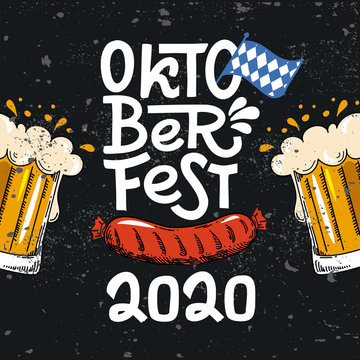 Oktoberfest 2020. Vector flat color illustration for German beer festival in Munich. Hand Drawn Lettering with picture of beer mug with foam, sausage and Bavarian flag. Cracks can be removed