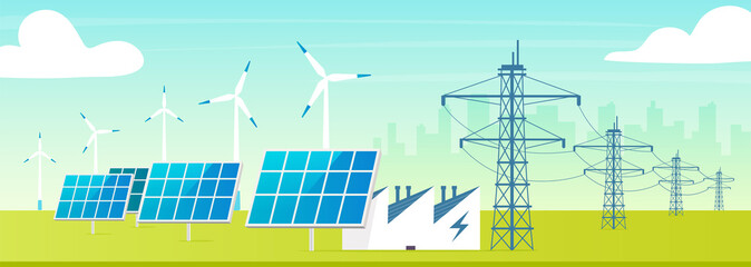 Alternative power station flat color vector illustration. Eco friendly facility 2D cartoon landscape with cityscape on background. Environmentally safe wind turbines, solar panels with electric towers