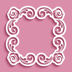 Square lace frame with ornate border pattern. Cutout paper swirls ornament. Template for laser cutting