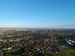 Drone panoramic aerial view of Sydney NSW Australia city Skyline and looking down on all suburbs 