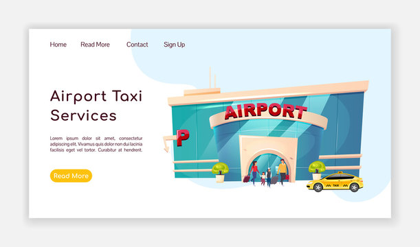 Airport taxi services landing page flat color vector template. Airline homepage layout. Transportation one page website interface with cartoon illustration. Car drive web banner, webpage