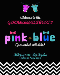Obraz premium Gender reveal invitation with place for address and date. Gender reveal party. Baby shower. Invitation template on black background.
