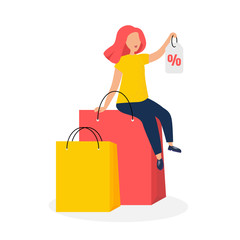 Discounts and shopping. Woman sits on top of shopping bags and holds a sticker in her hand with a discount sign. Modern vector illustration.