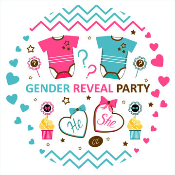 Gender reveal party. He or She question. Newborn baby boy and baby girl hanging bodies, cakes,hearts, stars. 