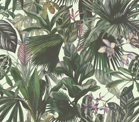 Tropical seamless pattern with tropical flowers, banana leaves. 
Round palm leaves, watercolor painted orchids.