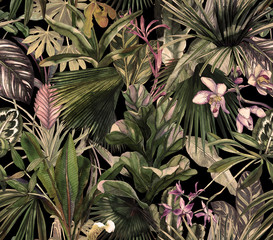 Tropical seamless pattern with tropical flowers, banana leaves.  Round palm leaves, watercolor painted orchids. © Арина Трапезникова