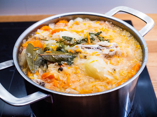 Pot of hot cabbage soup