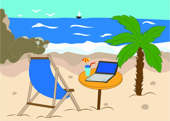 Freelance. A laptop computer on the beach, near a sunbed, cocktail, sea and palm. Freelance work concept. Freelance concept vector illustration in cartoon style.