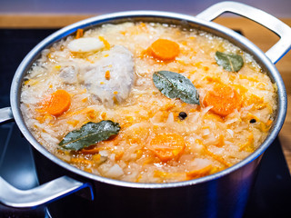Pot of hot cabbage soup