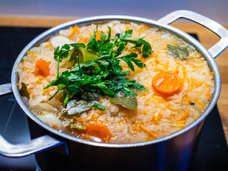 Pot of hot cabbage soup