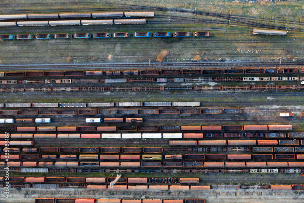 Wall mural industrial conceptual scene with trains. top view.