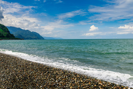 The coast of the Turkish Georgian Black Sea border shot from Sarpi City. 