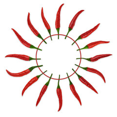 Round frame of red chili pods on a white background