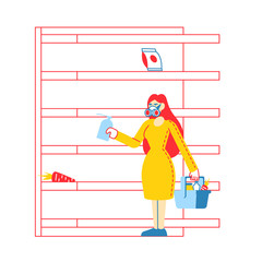 Female Character Wearing Protective Mask Stand at Supermarket Empty Shelf Trying to Find Goods for Buying. Pandemic Chaos, Global Panic and Worldwide Quarantine Regime. Linear Vector Illustration