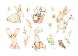 Watercolor illustrations with cute bunnies, mouse, bird and floral elements. Bunny read book. Spring collection. Perfect for kids prints, cards, posters, fabric, wrapping paper, linens, wallpaper