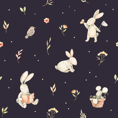 Watercolor seamless pattern with cute bunnies, mouse, bird and floral elements. Spring collection. Perfect for kids textile, fabric, wrapping paper, linens, wallpaper etc