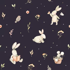 Papier Peint photo Lapin Motif harmonieux d& 39 aquarelle avec de mignons lapins, souris, oiseaux et éléments floraux. Collection de printemps. Parfait pour les textiles pour enfants, les tissus, le papier d& 39 emballage, les draps, le papier peint, etc.