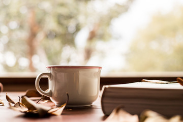 white book and coffee cup with leafs around