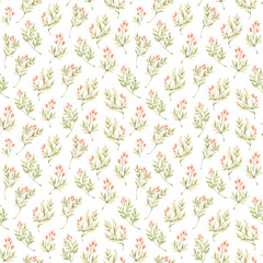 Floral watercolor seamless pattern. Gentle botanical background with green leaves and red flowers. Perfect for textile, fabric, wrapping paper, linens, wallpaper