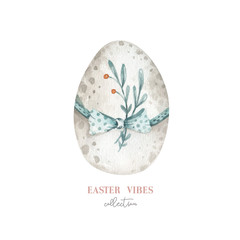 Watercolor Happy Easter egg with flowers, feathers and eggs. Spring holiday decoration.