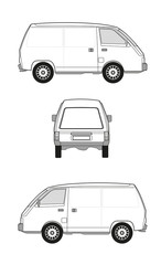 Sketch of a van. View from different angles, back, front, side view. Black and white technic vector illustration.
