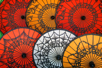 Abstract Scene of Famous Colorful umbrella is stacked at Ananda temple located in Bagan , Mandalay, Burma (Myanmar) - Backdrop