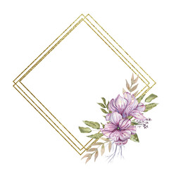 Watercolor Hand Drawn Golden Floral Frame for wedding, invitation, party, birthday, card, etc.