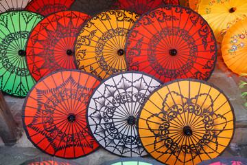 Abstract Scene of Famous Colorful umbrella is stacked at Ananda temple located in Bagan , Mandalay, Burma (Myanmar) - Backdrop