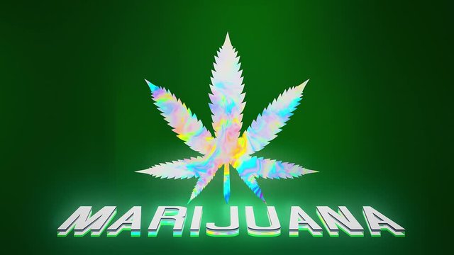 Trippy marijuana pot leaf grows on green background.