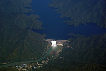 Aerial scene of Top view dam and mountain from the sky at myanmar - Green nature background...