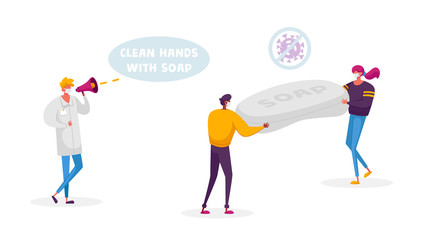 Tiny Male and Female Characters Wearing Medical Facial Masks Carry Huge Antibacterial Soap. Doctor in White Labcoat Informing People Using Loudspeaker to Wash Hands. Cartoon People Vector Illustration