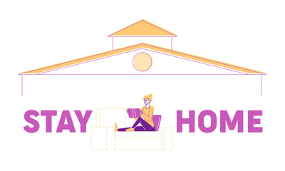 Stay Home, Self Isolation for Coronavirus Prevention Concept. Female Character Sitting on Couch Reading Book. Worldwide Quarantine, Covid-19 Protection Poster Banner Flyer. Linear Vector Illustration