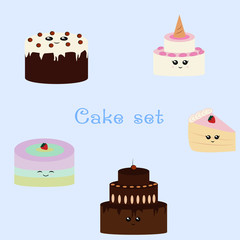 Birthday kawaii cake. Cute card, birthday greeting. Colourful cakes.