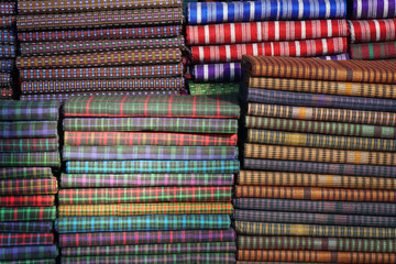 Traditional Myanmar sarong fabric for men cloth Burmese  - Texture Background at myanmar market , Mandalay 