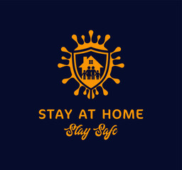 A vector sign of stay at home stay safe campaign in beautiful blue and yellow color combo with home and shield symbol